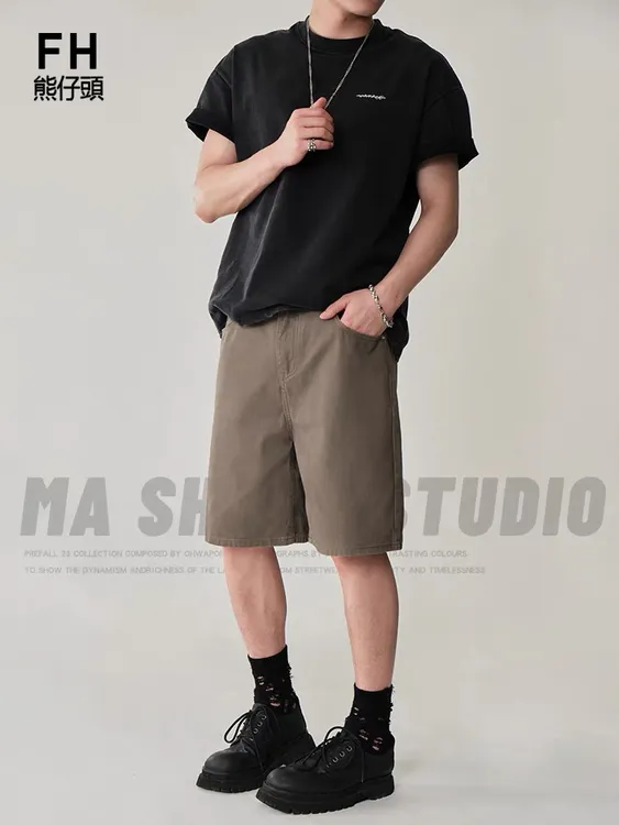 2025夏季新款牛仔短裤男宽松直筒美式复古五分裤纯色白色裤子潮流