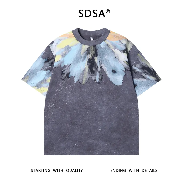 T3498高级感新款男士抽象领口印花圆领短袖T恤满天星时尚宽松上衣