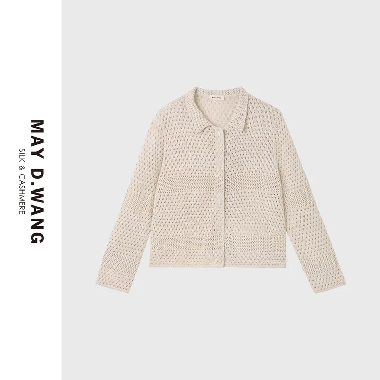 王之造2025秋季老钱风休闲镂空编织翻领丝麻针织开衫外套 F1F1332