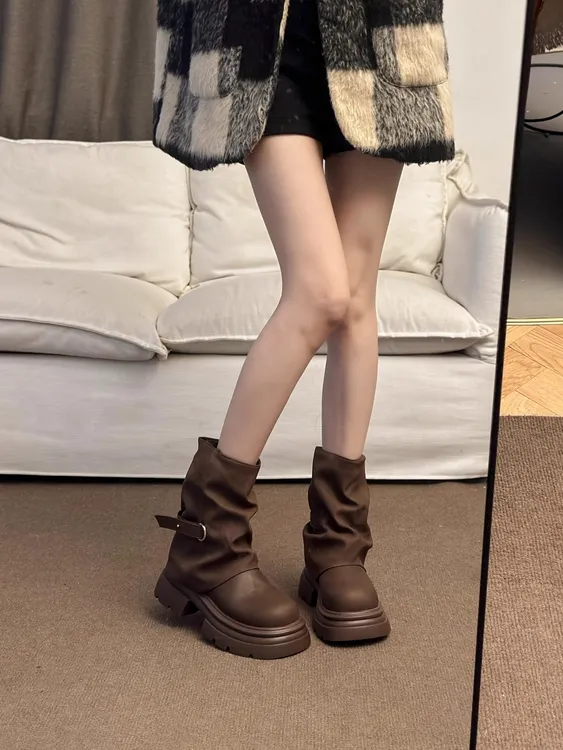 厚底短靴子女夏2025新款秋季英伦风马丁靴棕色美拉德堆堆靴裤管靴