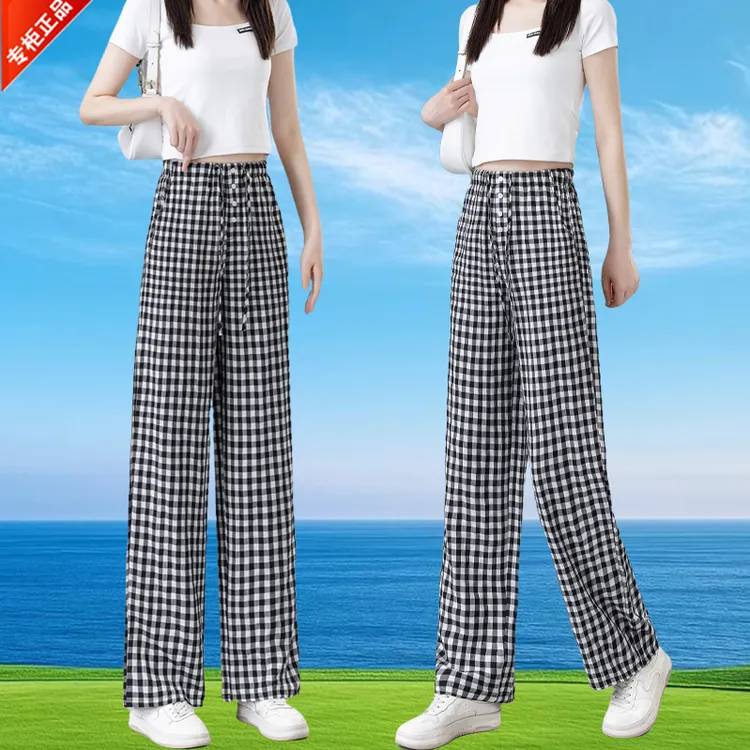 专柜正品时尚高端直筒休闲裤女2025夏季薄款显瘦格子裤长裤阔腿裤
