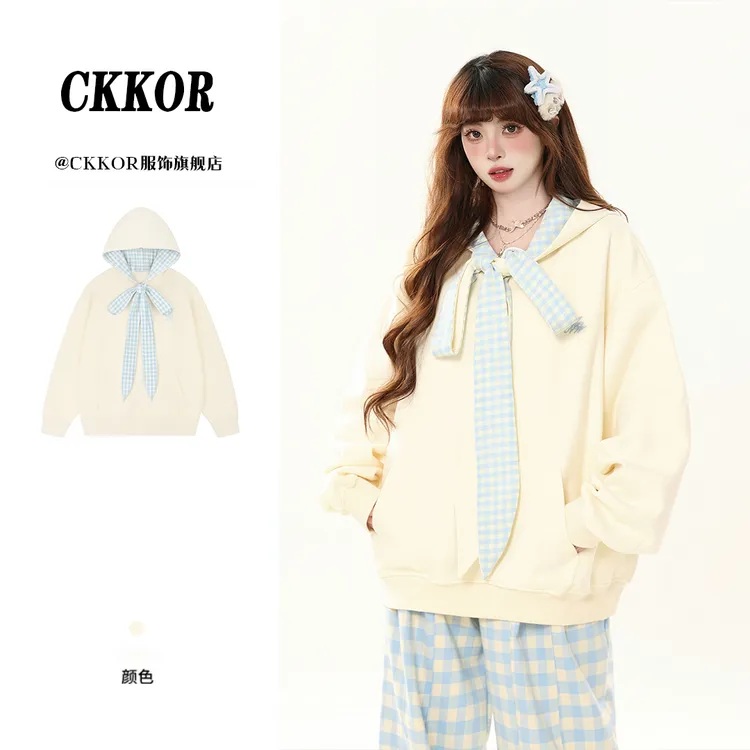 CKKOR学院风甜美格子围巾领连帽卫衣女春秋季新款小众设计感外套 