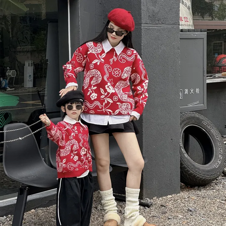 一家三四口蛇年亲子装毛衣2025生肖本命年过新年红色针织衫拜年服