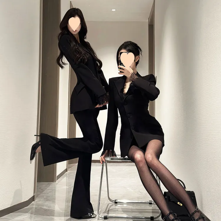 御姐风黑色蕾丝修身西服外套春装休闲长裤职业西装套装