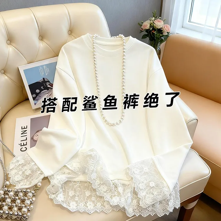 啄木鸟 拼接蕾丝圆领长袖T恤女士中长款2025新款秋冬季保暖打底衫