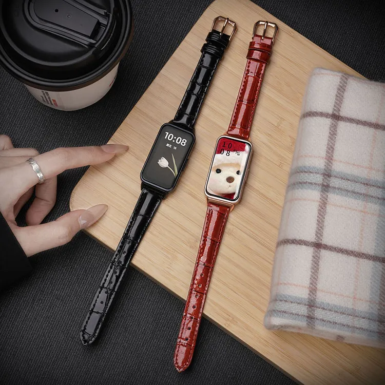 适用华为手环10竹节纹真皮表带NFC运动9智能8女生秋冬真皮腕表带