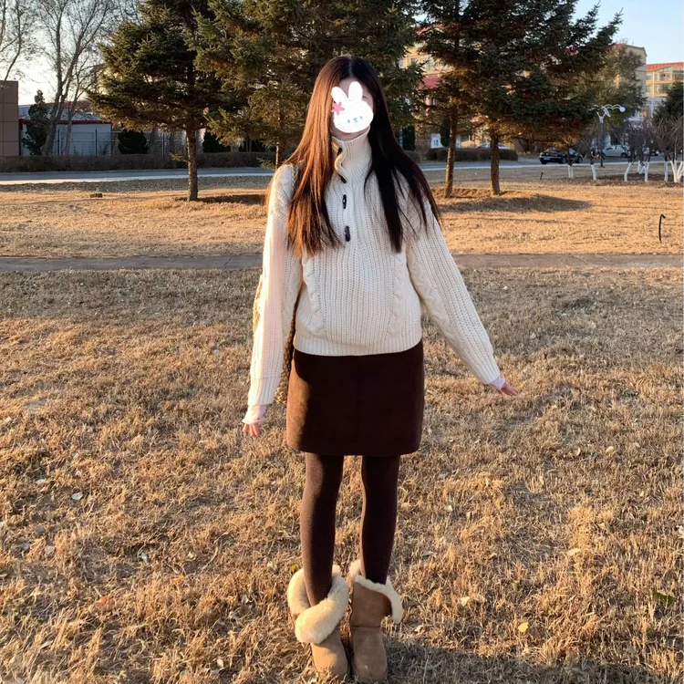 甜粿妹妹 麻花针织毛衣套头纽扣高领2way休闲韩系上衣女