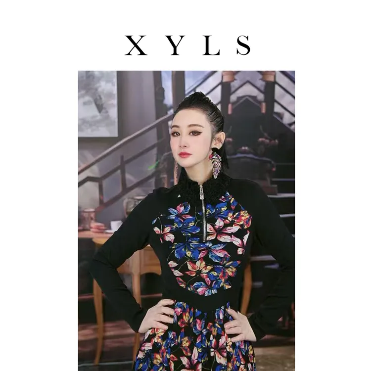 加绒弹力网纱连衣裙秋冬T006991