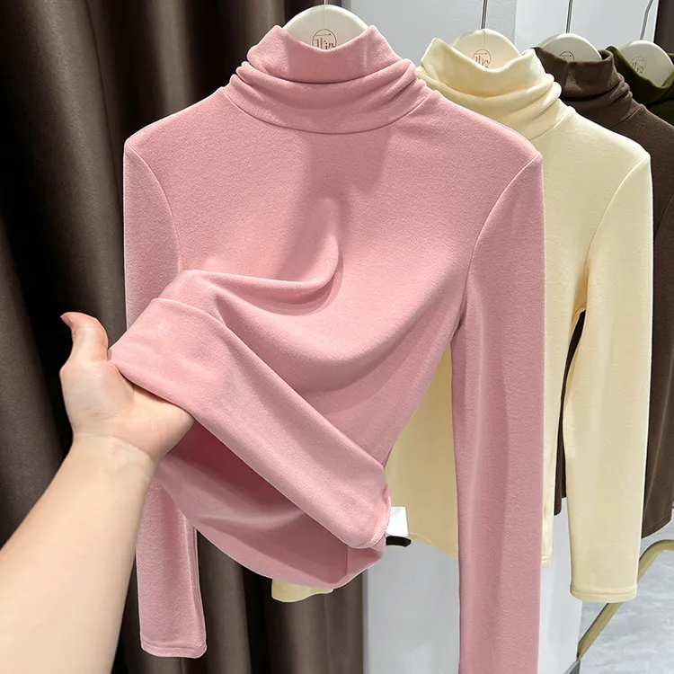 粉色双面德绒打底衫女爆款秋冬加绒加厚高端磨毛内搭长袖T恤上衣