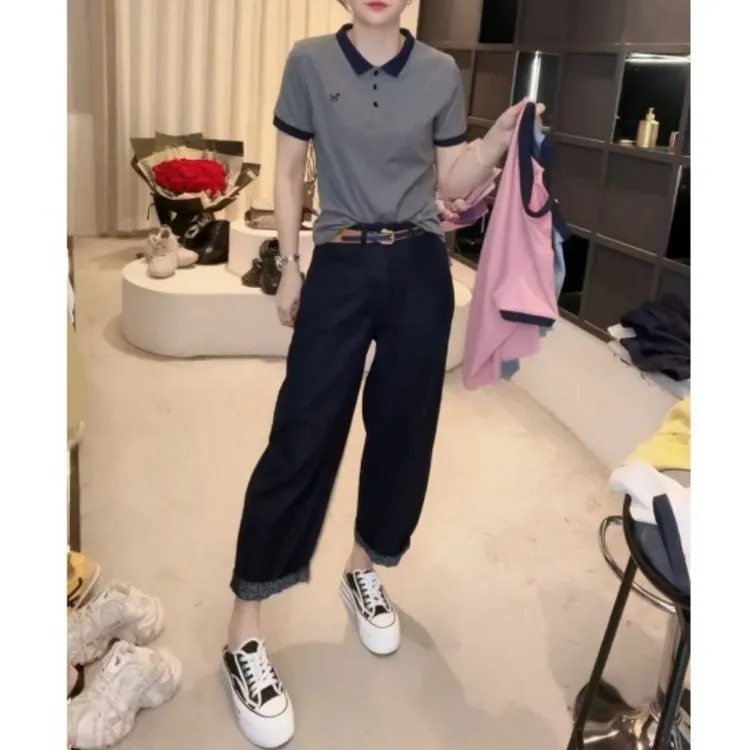 新款春夏设计感衬衫领百搭短袖显瘦上衣+直筒显瘦牛仔裤LK2502945