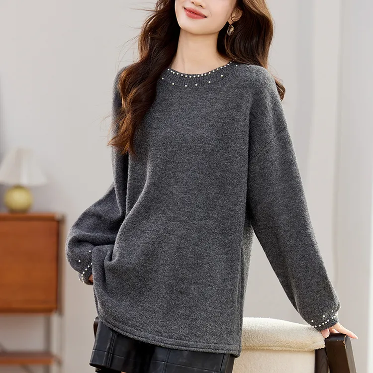 钉珠打底衫中长款遮屁股上衣洋气高档大码女装遮肚显瘦毛衣高级感