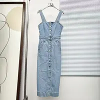 澳洲轻奢CR 女款 美式复古收腰开叉蓝色洗水前排扣背带牛仔连衣裙
