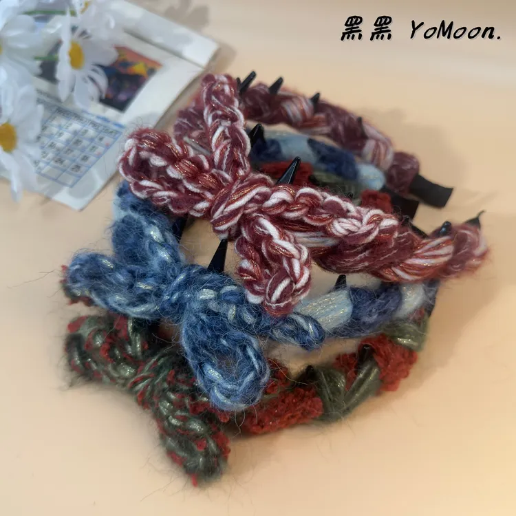 时尚少女纱线手编发箍蝴蝶结甜美时尚百搭气质复古秋冬通勤高颅顶