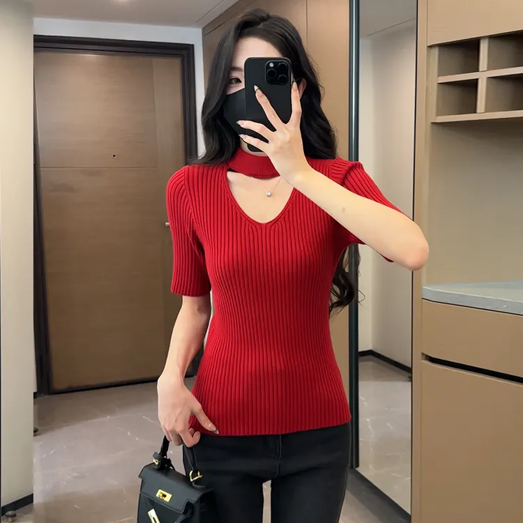 红色打底衫女中袖针织衫2025新款秋冬内搭毛衣高级感镂空洋气上衣