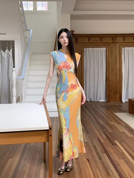 芮里RULI 新中式印花旗袍连衣裙女前后两穿网纱背心长裙