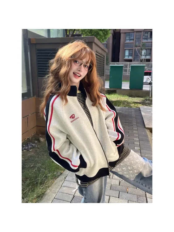 美式复古学院风撞色立领卫衣外套女秋季宽松开衫运动情侣夹克上衣