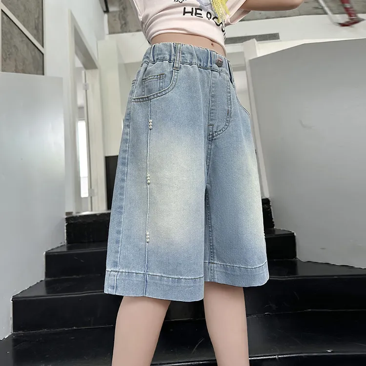 女童牛仔中裤2025夏装裤子洋气儿童中大童刺绣休闲夏季薄款五分裤