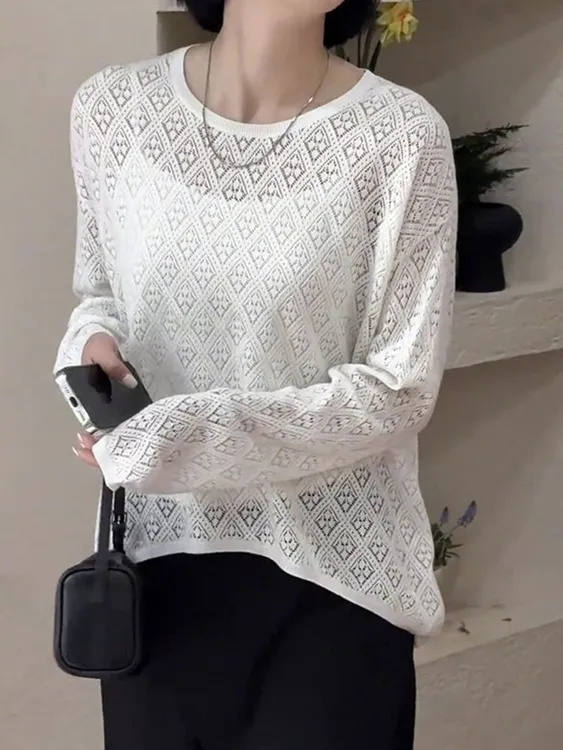 松弛慵懒感时尚气质白色上衣2025夏季款镂空百搭圆领防晒长袖罩衫