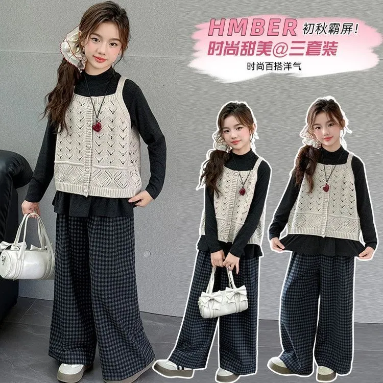 女童针织马甲三件套2025秋季新款女大童韩系时尚阔腿裤套装