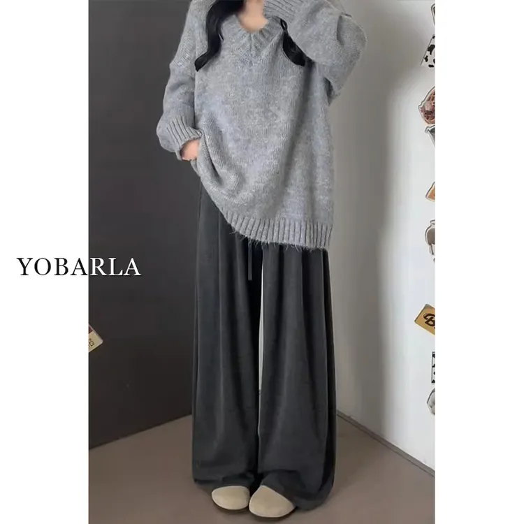 灰色糯米休闲裤女高腰秋冬胖mm大码宽松加绒梨形身材显瘦直筒裤子