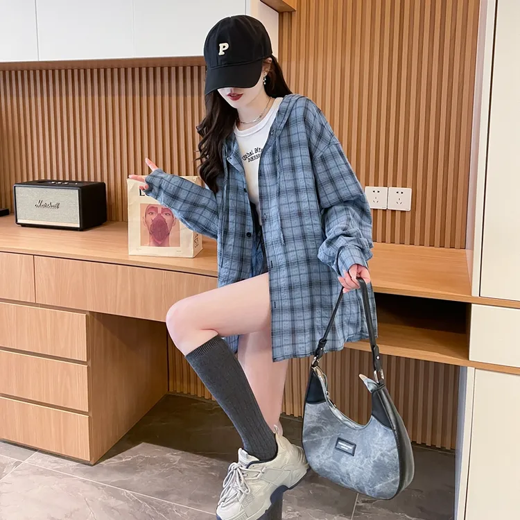 美式复古长袖格子衬衫女2025夏季新款甜酷高级感衬衣连帽外套ins
