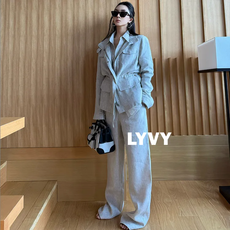 【LYVY-亚麻夹克外套】袁伶嫣同款经典款亚麻夹克外套老钱风