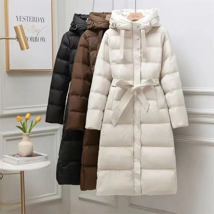 欧货冬季款羽绒服女长款过膝2025白鸭绒修身收腰显瘦加厚外套