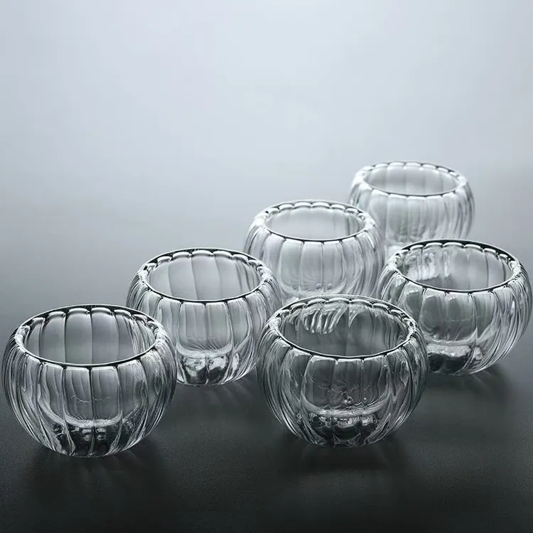 南瓜条纹双层耐热玻璃杯茶杯品茗杯公道杯防烫手工吹制家用