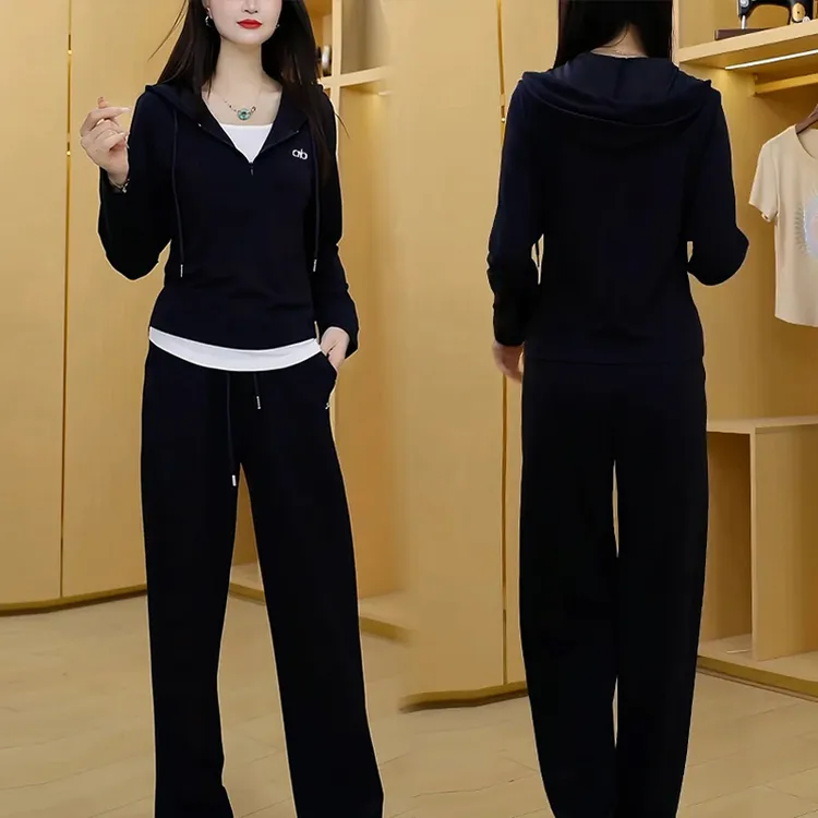 高含棉休闲运动服套装女2025秋冬新款宽松显瘦连帽外套长裤两件套