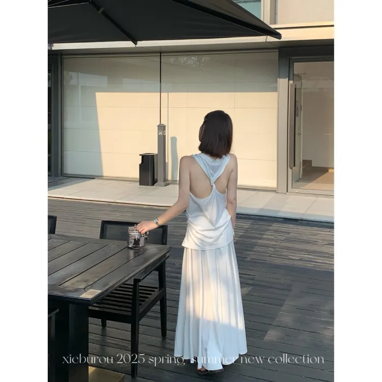 【谢不肉】设计感笼袖宽松背心上衣休闲慵懒风半身裙套装5602