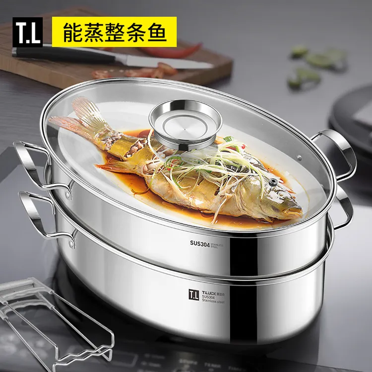 真304不锈钢38cm蒸鱼锅大号家用加厚椭圆蒸鱼蒸笼电磁炉锅蒸锅