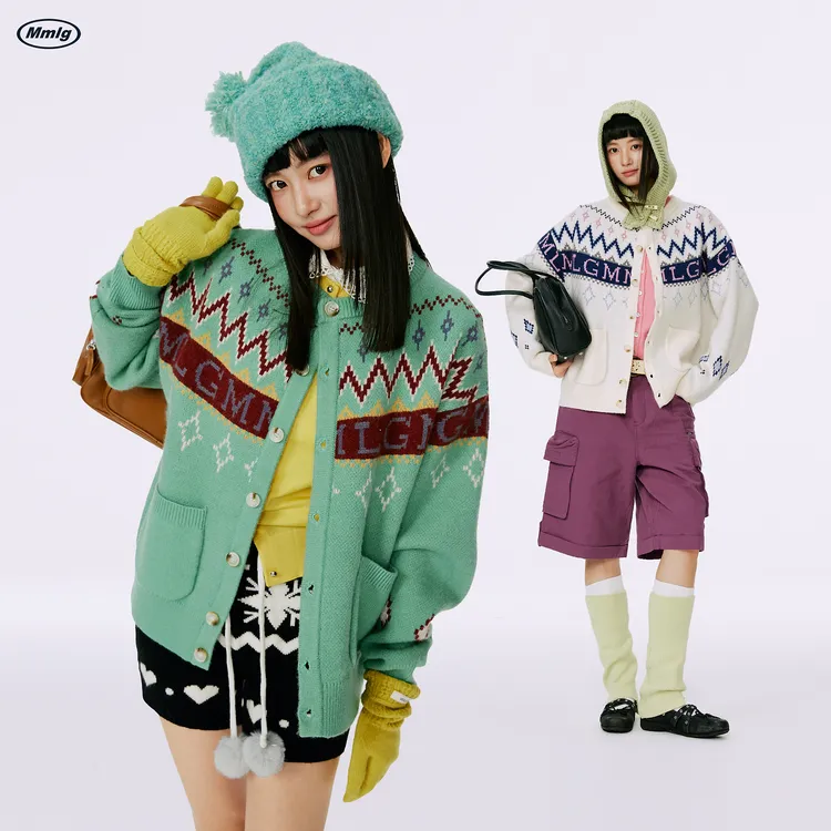 Mmlg2025秋冬新款韩系百搭彩色提花开衫毛衣复古民族风情侣FQE024