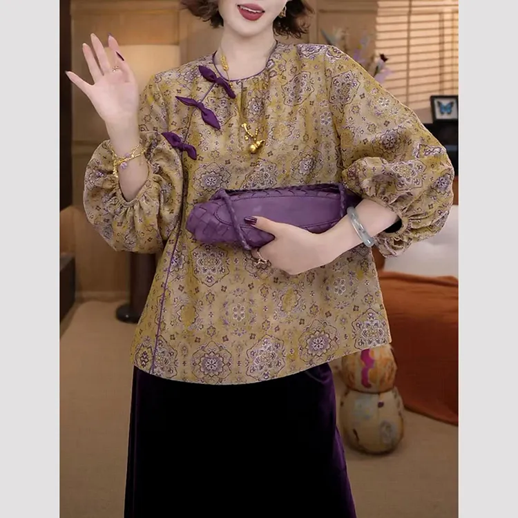 新中式国风女装知性风上衣2025早秋新款老钱风宝相花气质唐装衬衫