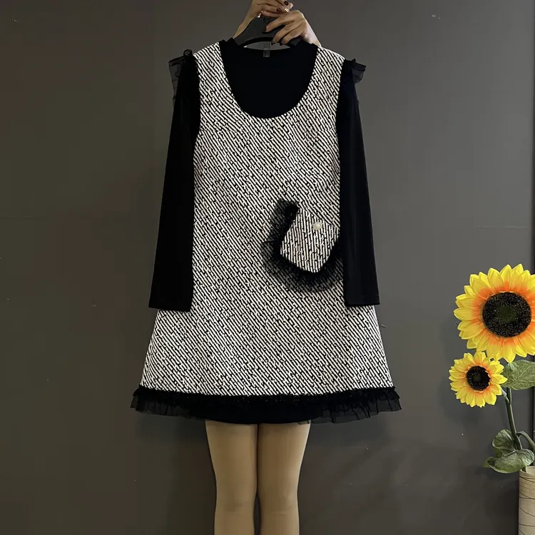 新款名媛风圆领木耳花边遮肉显瘦洋气减龄马甲裙