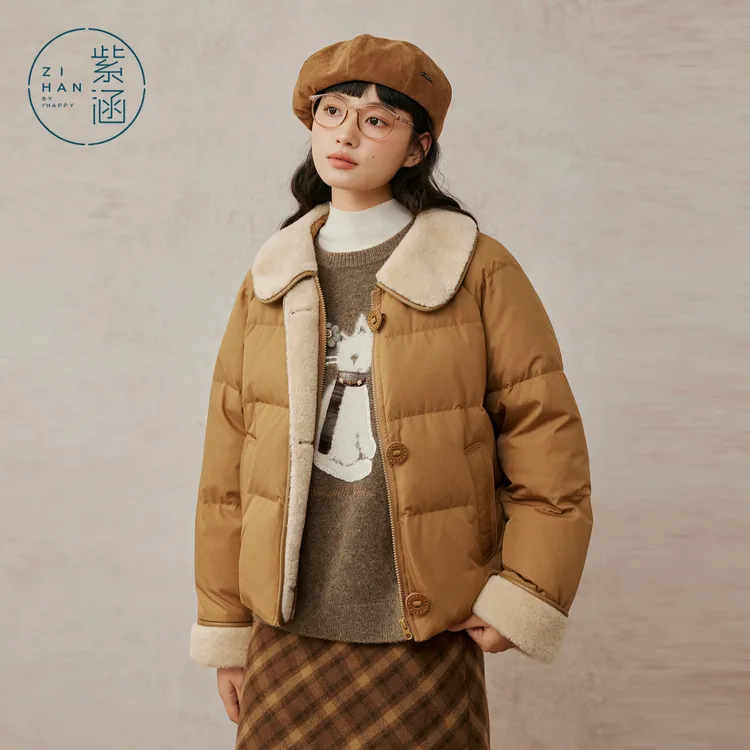紫涵短款翻领羽绒服女2025冬季新款复古翻边宽松外套Z5Z10BS213