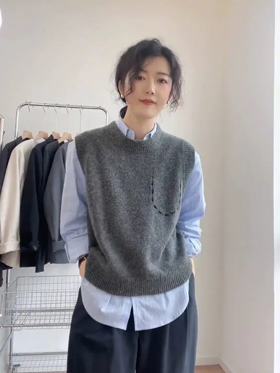 灰色针织马甲女美式早秋新款外穿小个子修身显瘦内搭保暖毛衣背心