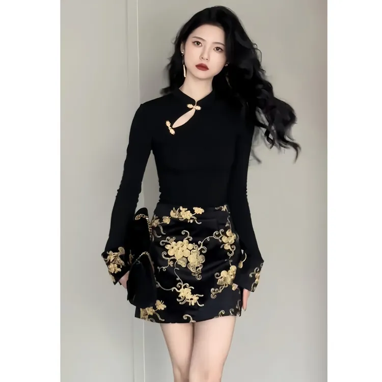 新中式国风盘扣长袖t恤女20252秋季新款高腰显瘦刺绣半身裙两件套