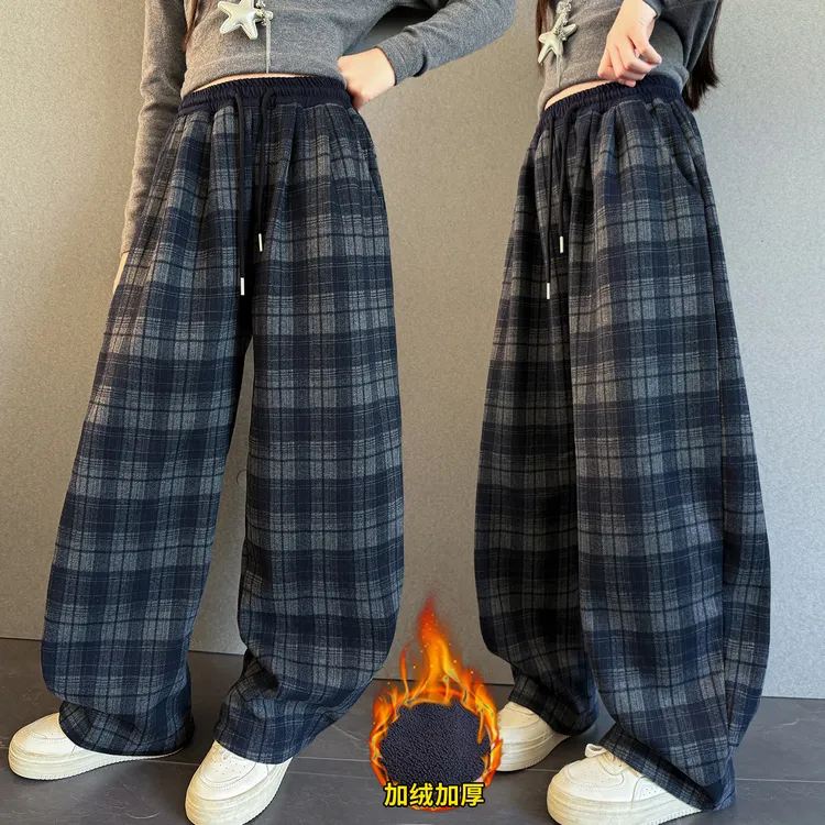 冬季女童加绒裤子儿童休闲裤宽松加厚保暖直筒格子阔腿裤秋冬大童
