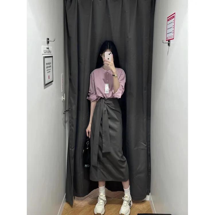 法式别致长袖衬衫女装2025早春季新款灰色半身裙上衣慵懒版上衣