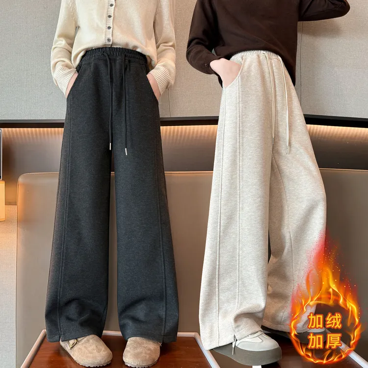 女童加绒裤子秋冬款2025新款冬季保暖加厚一体绒直筒裤儿童休闲裤