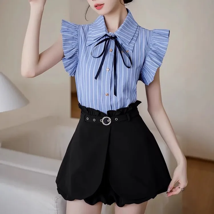 学院风小飞袖休闲时尚套装夏季甜美小个子蓝色条纹衬衫短裤两件套