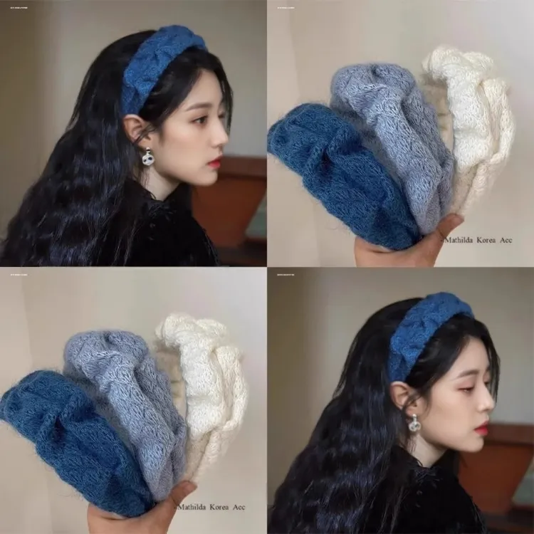复古克莱因蓝毛线发箍女高颅顶褶皱宽边头箍气质洗脸发卡秋冬发饰