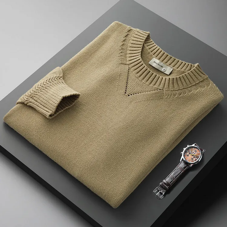 洛尼提日亚春秋季薄款毛衣男圆领套头镂空提花长袖修身针织衫简约