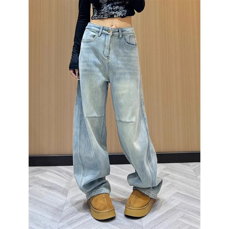 浅蓝色弯刀牛仔裤女2025春夏新款小众垂感显瘦阔腿宽松拖地裤5935