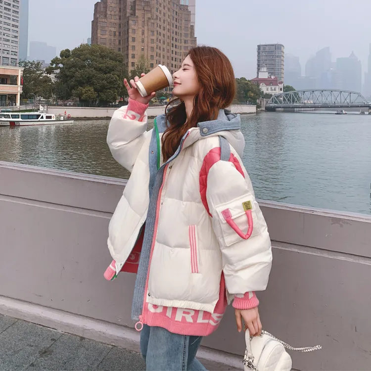 甜酷风字母螺纹拼接羽绒服2025冬新款韩系ins设计感白鸭绒面包服