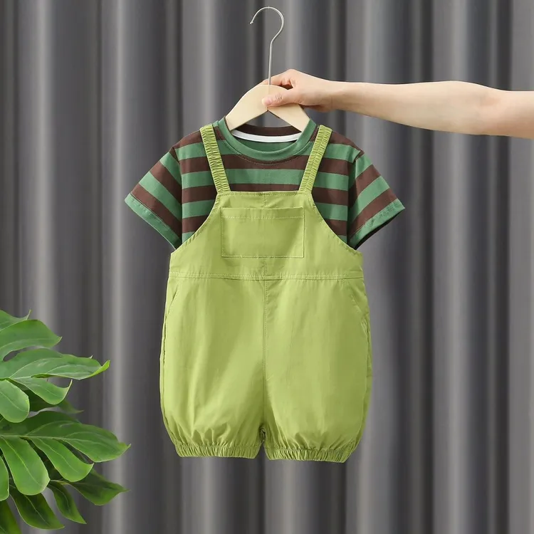 儿童套装男童夏季新款条纹短袖宝宝工装帅气夏装洋气薄款背带裤套