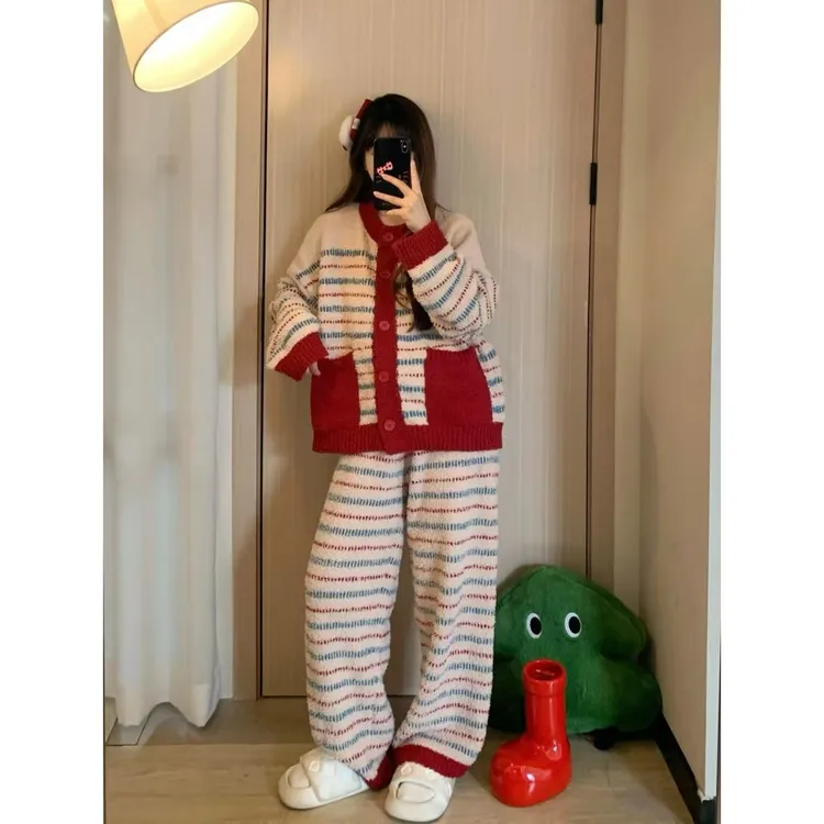 红色复古条纹半边绒大码睡衣女冬季新款加绒加厚本命年家居服套装