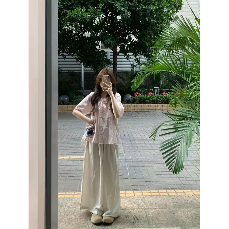 温柔风休闲运动套装女夏季甜美绑带短袖衬衫薄款高腰阔腿裤两件套