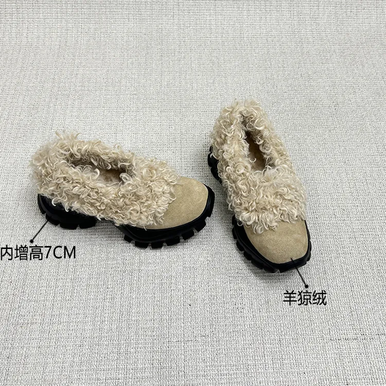 内增高复古加绒厚底乐福毛毛鞋女外穿2025新款冬季小个子保暖棉鞋
