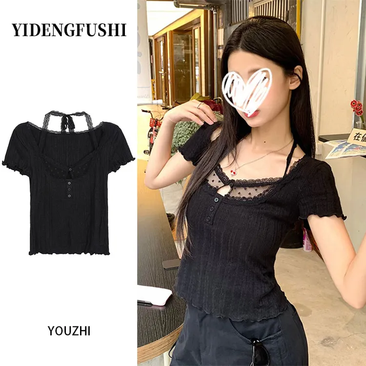 YIDENG黑色设计感蕾丝拼接挂脖露锁骨打底衫T恤女夏季修身短款辣